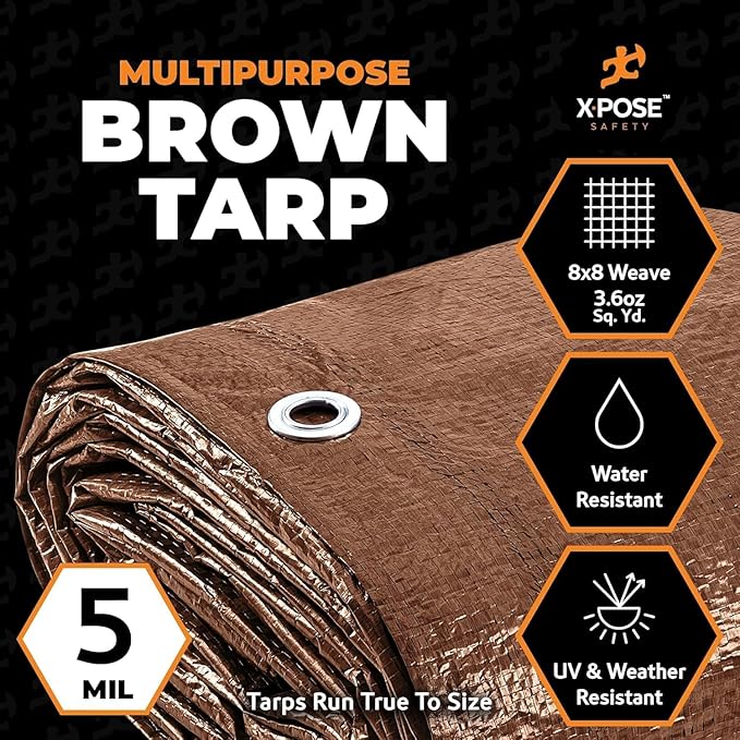 Multipurpose Protective Cover Brown Poly Tarp 12' x 716- Bulk Full Pallet (480 Pack) Durable, Water Resistant, Weather Resistant - 5 Mil Thick Polyethylene - by Xpose Safety