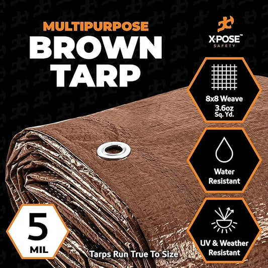 Multipurpose Protective Cover Brown Poly Tarp 20' x 40' - Bulk Full Pallet (108 Pack) Durable, Water Resistant, Weather Resistant - 5 Mil Thick Polyethylene - by Xpose Safety