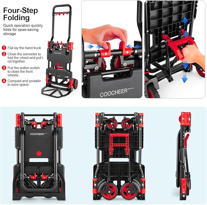 2-in-1 Folding Hand Truck Dolly 330LB Load Carrying, Hand Truck Foldable Dolly with Retractable Handle and 4 Rubber Wheels, Portable Folding Hand Cart for Moving/Travel/Office(Red)