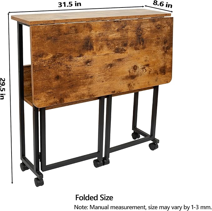 Mobile Foldable Desk w/Wheels and Feet Pads, Foldable Computer Desk, Folding Desk, Small Computer Desk for Small Spaces, Folding Table for Office Bedroom Living Room-Rustic Brown