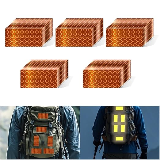 Non Fading Orange Reflective Stickers 1 inch X 2 inch, Outdoor Waterproof High Visibility Warning Safety Adhesive Reflector Tape (50 Pcs)