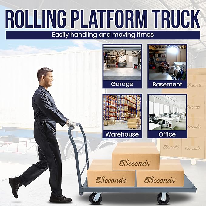 5Seconds Industrial Platform Truck - Heavy Duty 48' X 24' Flatbed Cart with 2000lb Capacity, 6" Swivel Wheels with 6 Pairs Work Gloves