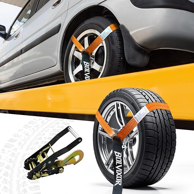 4 Pack Car Tie Down Straps for Trailers - 2" x 96" - 9900LBS Break Strength - Tire Ratchet Strap with Snap Hooks - Adjustable Wheel Straps for Hauling UTV, SUV, Truck, Any Cars
