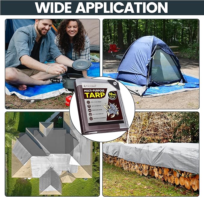 TICONN Heavy Duty Tarp Cover, Extra Thick Tarps Waterproof Tear and Rip Proof UV Resistant Tarpaulin with Reinforced Grommets and Edges (10 Mil, 16'x20')