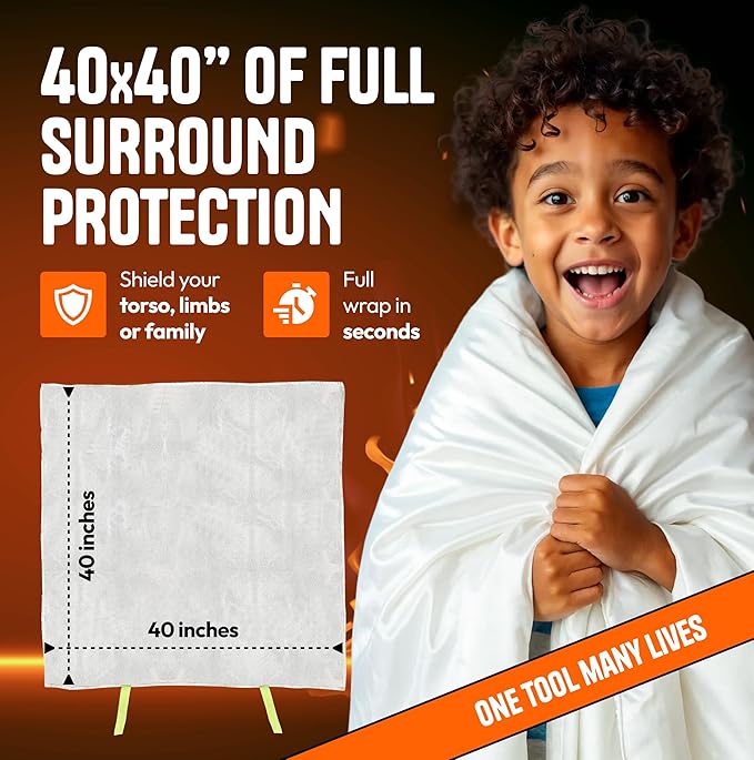 Emergency Fire Blanket 40"x40" (2-Pack) – Fireproof Survival Blanket for Home, Kitchen, RV & Camping – Smothers Grease & Electrical Fires – Reusable, Pet & Family Safe Fire Safety Gear