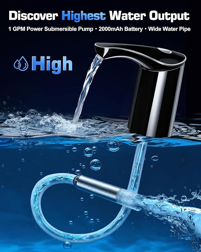 Rechargeable Water Dispenser Pump for 5 Gallon Bottle, Electric USB-C Large Flow Water Jug Dispenser, Portable Automatic Submersible Bottle Pump Silent Operation for Camping Home Office