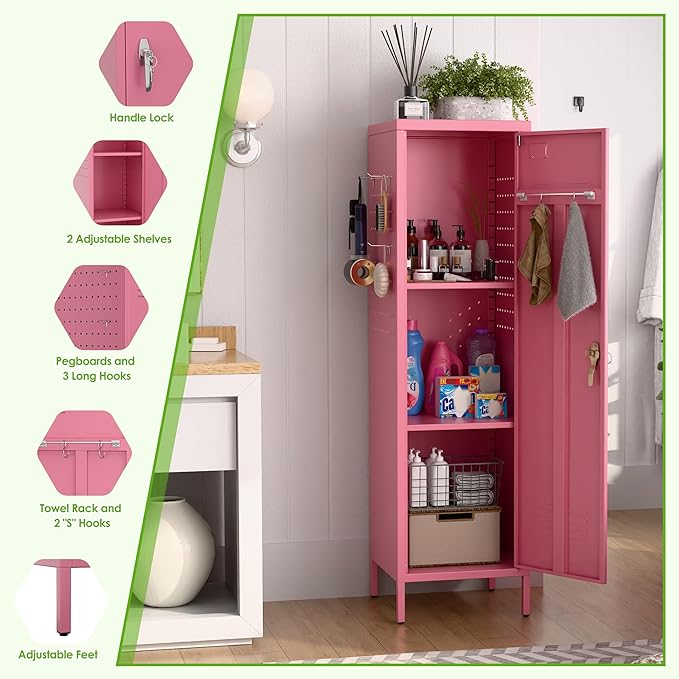 Aobabo 54" H Pink Metal Lockers, Storage Locker Cabinet with Lockable 1 Door and Towel Rack and 2 Side Pegboards with Hooks for Home School Office, Assembly Required