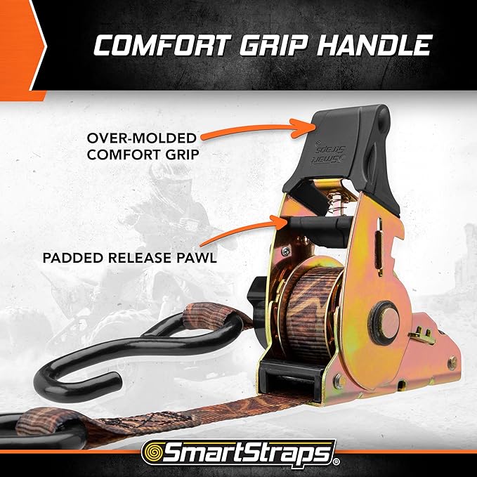 SmartStraps 10’ Retractable Ratchet Straps, 2 Pack — Heavy Duty Camo Ratchet Straps, 3,000lb Break Strength, 1,000lb Safe Work Load — Haul Motorcycles, Boats, and Appliances with Patented Technology