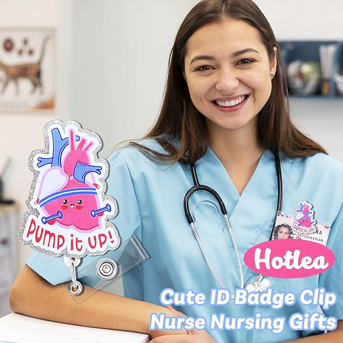 Pump It Up Heart Badge Reel with Alligator Clip Funny ID Badge Holders Cute RN LPN CNA MA PCT Badge Buddy Nursing Medical Students Nurse Accessories for Work