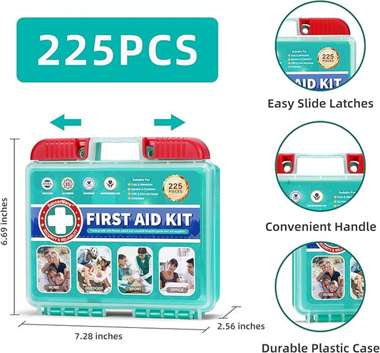 225 Pieces First Aid Kit, Includes Ice Pack, Adhesive Bandages, Wound Gauze Pads, Portable First Aid Bag for Home, Car, Business, Travel, Outdoor Emergency Medical Kits
