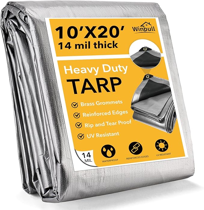 Tarp 10x20 Feet 14 Mil Heavy Duty Waterproof Tarp, Large Multipurpose Cover with Brass Grommets and Reinforced Edges, UV Resistant Thick Poly Tarps for Outdoor Camping Tent Pool Car
