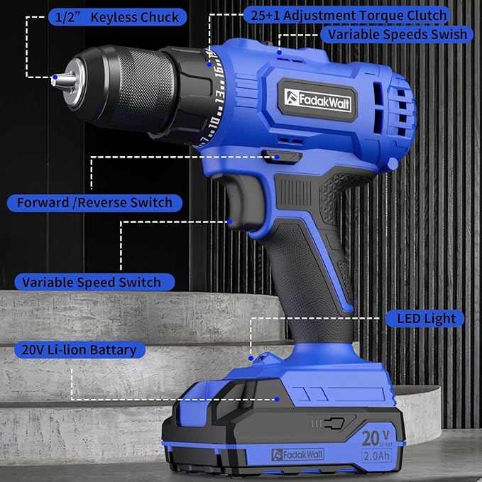 FADAKWALT 20V Cordless Drill/Driver Set,Electric Power Drill Kit with Battery& Charger, 1/2inch Keyless Chuck,2 Variable Speed,25+1 Torque Setting, 400 inch-lbs with LED Power Drill Kit