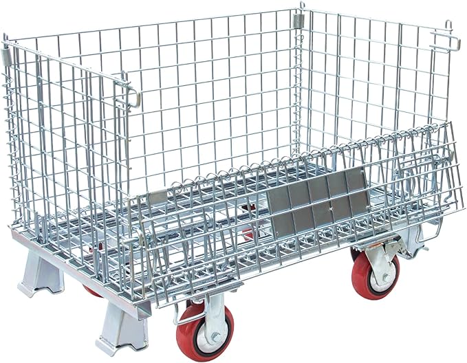Collapsible Wire Mesh Container with Casters, 32"x20"x24", 1500 lbs Heavy-Duty Steel Storage Bin, Stackable Industrial Material Handling Cart