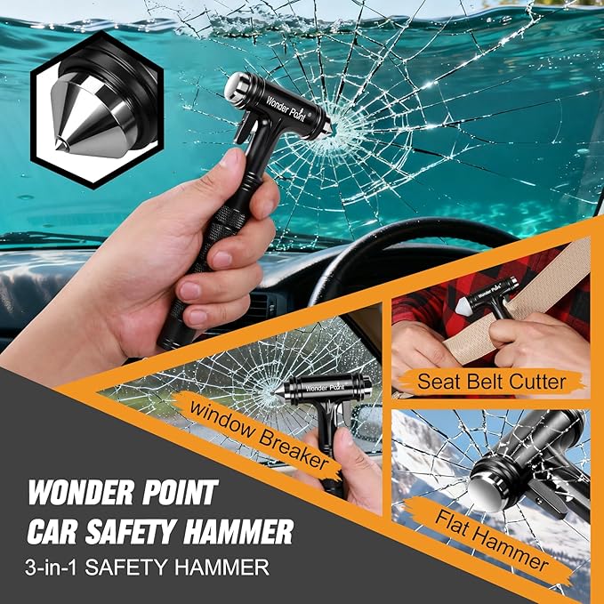 Car Window Breaker, Automotive Safety Hammer with Seatbelt Cutter, 3-in-1 Emergecy Escape Tool Car Metal Window Breaker Seatbelt Cutter, Aluminium Alloy Glass Breaker Hammer(Black 2Pack)