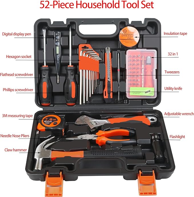 52-Piece Household Tool Box Set Mini Tool Set Basic Tool Kit for Home Suitable for Home Garage Office University Dormitory