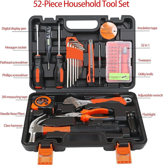 52-Piece Household Tool Box Set Mini Tool Set Basic Tool Kit for Home Suitable for Home Garage Office University Dormitory
