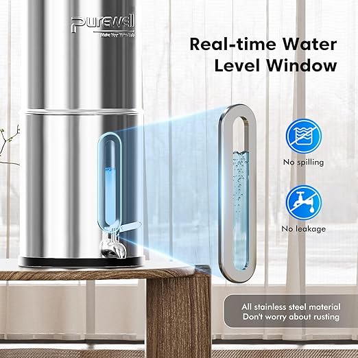 Purewell 1.5G Gravity Water Filter System, 3-Stage 0.01μm Ultra-Filtration Stainless Steel Countertop System with 2 Filters and Stand, Reduce 99% Chlorine, PW-MKS
