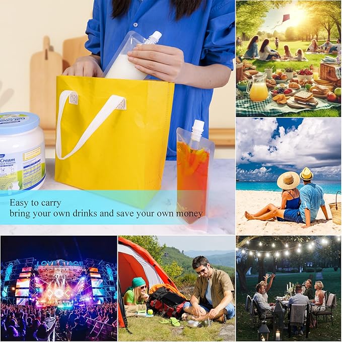 3.5OZ 100PCS Drink Pouches,Reusable Plastic Flask with Funnel for Drinking Liquid Beverage Juice,Stand Up Drink Bags for Travel Camping Outdoor Sport Concert Events,Leak-Proof Food Grade