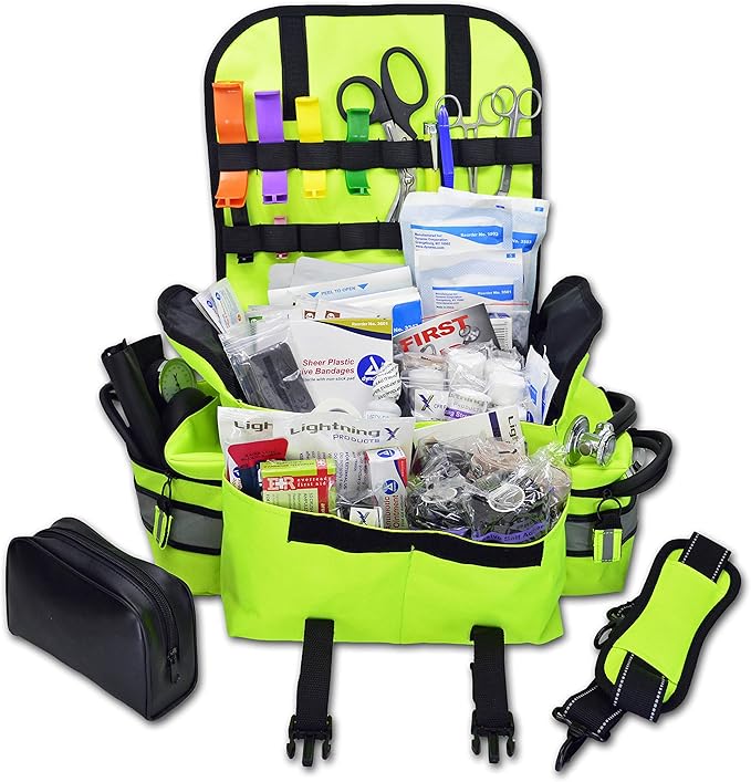 Lightning X Personalized First Responder EMT EMS Trauma Bag w/Stocked First Aid Fill Kit B & Custom Embroidered Name Patch (Fluorescent Yellow)