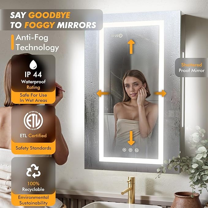 LED Lighted Medicine Cabinet Front & Backlit Dimmable Colours, Clock & Temp, USB Outlets (20 x 32)