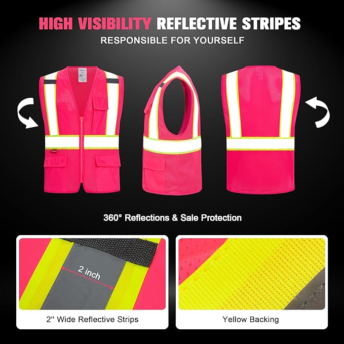 ProtectX Safety Vest for Men Women ANSI Class 2 High Visibility Mesh Reflective Construction Vest with 4 Pockets