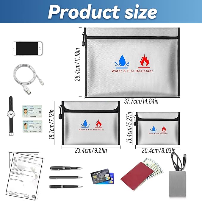 Fireproof Waterproof Money Document Bag - 3 Pack Safe Upgraded Zipper Bags, Fire & Water Resistant Storage Organizer Pouch for A4 A5 Documents Holder,File,Cash,Jewelry,Passport,Tablet,Laptop