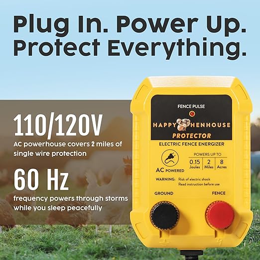 Electric Fence Charger - Powerful 110V AC Plug-in Fence Energizer for Chickens, Small Farms & Gardens - Easy Setup Predator Protection for Safer Free-Ranging