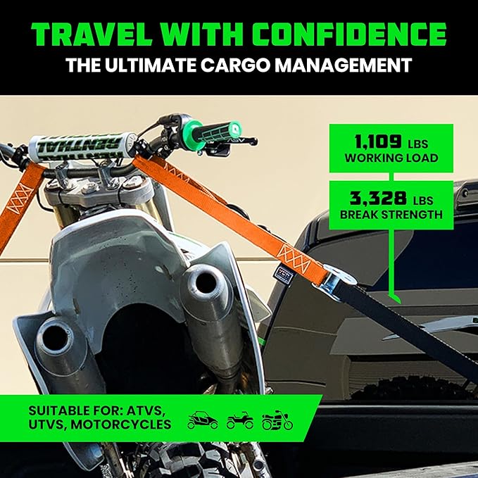 Rhino USA Motorcycle Tie Down Straps (2 Pack) Lab Inspected 2,200lb Break Strength, Steel Cambuckle Tiedown Set with Integrated Soft Loops - Better Than a Ratchet Strap (Orange 2-Pack)
