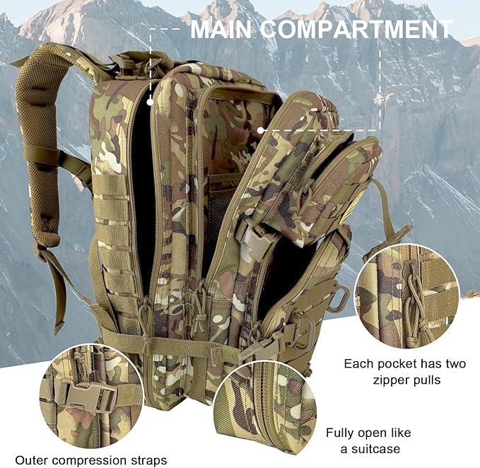 MOLLE Assault Backpack, Tactical Backpack Military Army Camping Rucksack, 3-Day Pack Trip w/USA Flag Patch, D-Rings, Cp