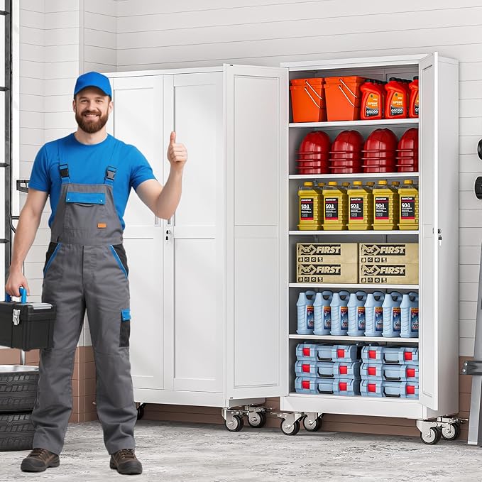 75" Tall Metal Garage Storage Cabinet with Wheels and Locking Doors and Tall Rolling Steel Tool Cabinet with 5 Adjustable Shelves for Garage,Home,Office,Shop (White)