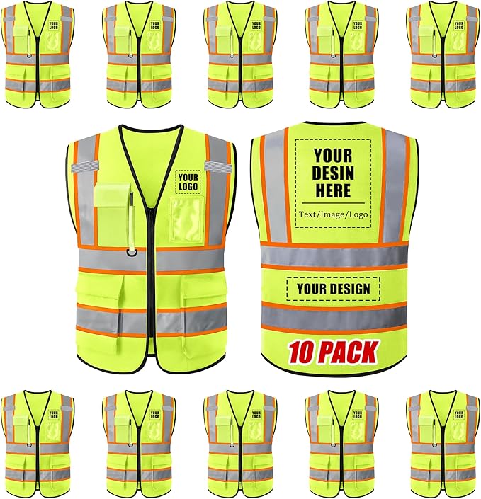 Custom Safety Vest with Logo, High Visibility Reflective Personalized Vest with Pockets and Zipper for Men Women Work