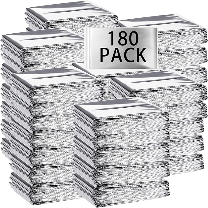 Macarrie 180 Pack Emergency Foil Thermal Blankets Silver Foil Survival Space Blanket Kit for Outdoors, Camping, Hiking, Homeless, Survival or First Aid, Silver