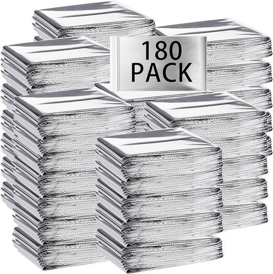 Macarrie 180 Pack Emergency Foil Thermal Blankets Silver Foil Survival Space Blanket Kit for Outdoors, Camping, Hiking, Homeless, Survival or First Aid, Silver