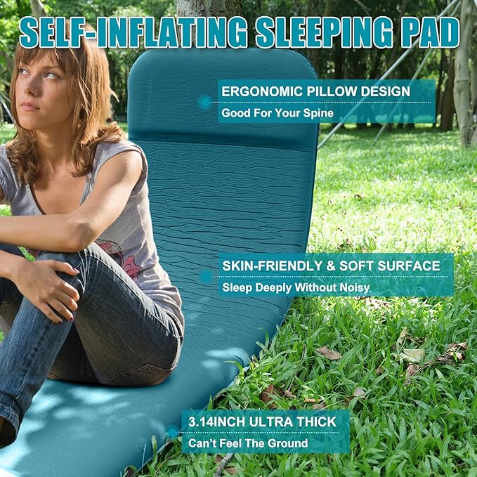Self Inflating Sleeping Pad with Electric Pump for Camping, 3.14"Thick Memory Foam Sleeping Mats, Easy Inflate&Deflate,9.5 R-Value Insulated Camping Mattress with Pillow for Car Travel Tent, Dark Blue