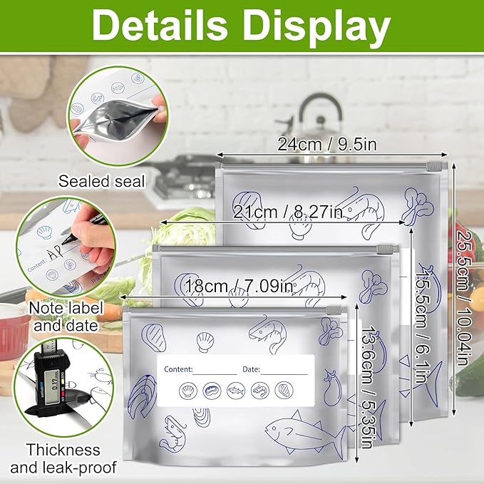 30Pcs Reusable Aluminum Foil Sealable Storage Bags, 2025 New Vacuum Zipper Pouches for Food with Label and Zip Lock, Aluminum Foil Bags for Food, Vegetable Fruit Meat (10*S+10*M+10*L)