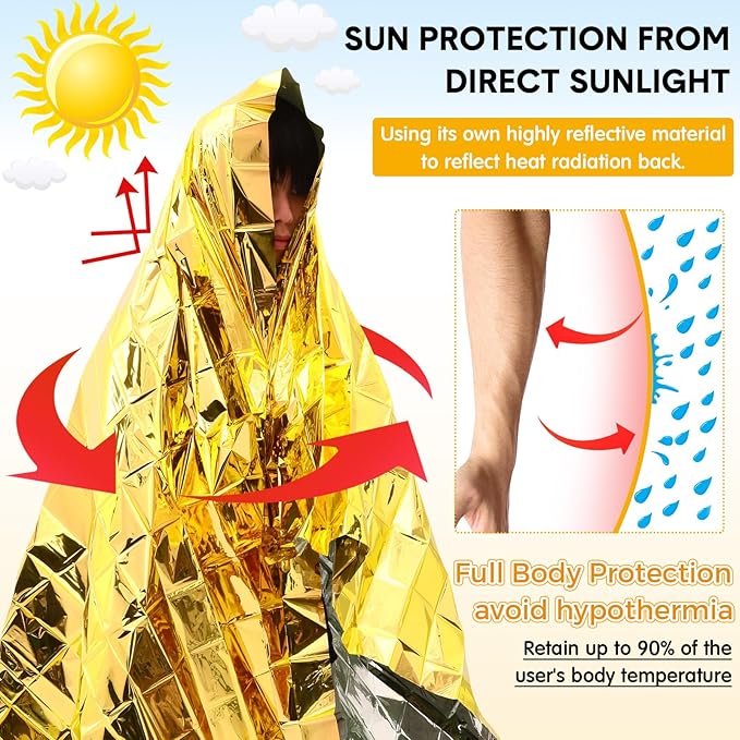 100 Pcs Emergency Blankets for Survival 83 x 55 Emergency Foil Thermal Reflective Space Blanket Bulk Waterproof Individually Wrap Survival for Car Camping Outdoor Homeless (Gold Silver)