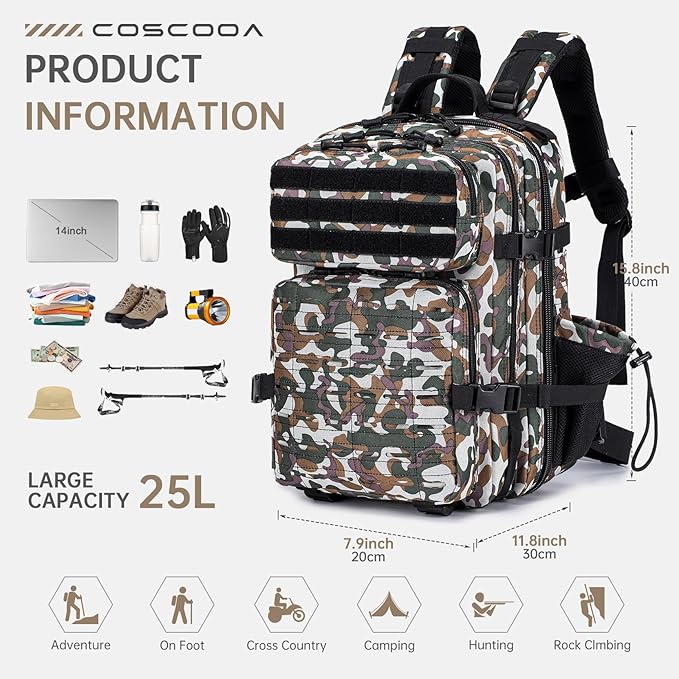 Tactical Military Backpack for Man, 45L Waterproof Army Pack Rucksack Hiking Laptop Backpack 3 Day Bug Out Bag, Includes Two Flags and Two Carabiner Camouflage