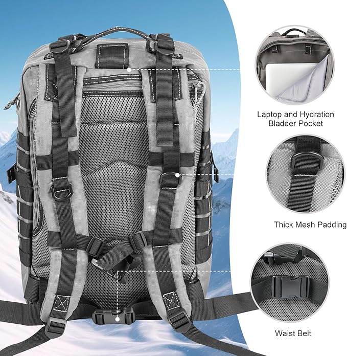 MOLLE Assault Backpack, Tactical Backpack Military Army Camping Rucksack, 3-Day Pack Trip w/USA Flag Patch, D-Rings Grey and Black