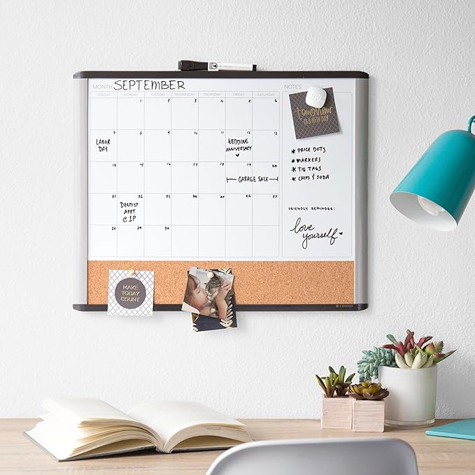 U Brands Magnetic Dry Erase 3-in-1 Calendar White Board, 16" x 20", Black and Gray Frame