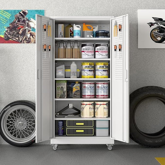 Metal Garage Storage Cabinet with Wheels and Pegboard,Rolling Tool Storage Cabinet with 5 Adjustable Shelves for Garage Warehouse Office Utility Room,Required Assembly,71" H×34" W×18" D,White