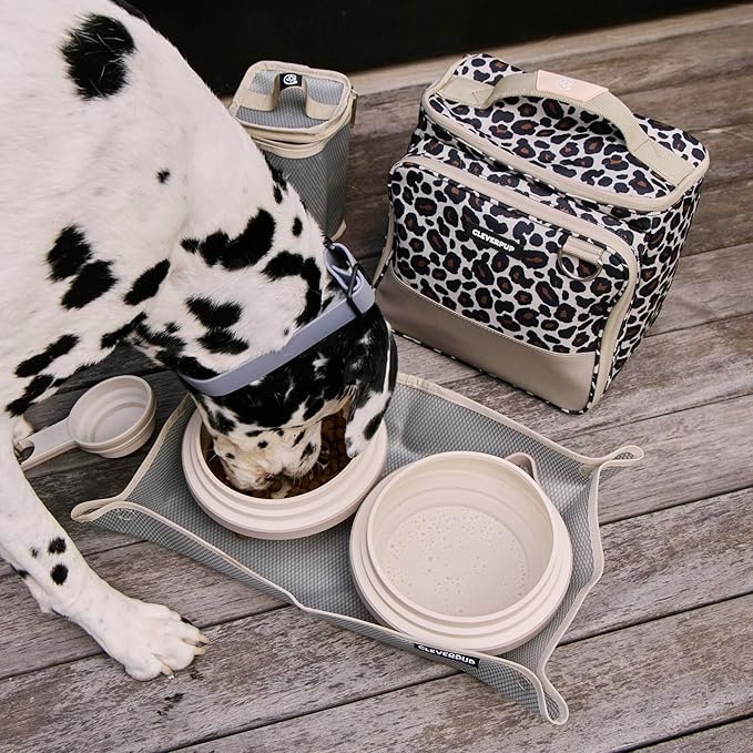 Large 7-Piece Bistro Box Dog Food Travel Kit, 12-Cup Kibble Storage, 2 Silicone Bowls, Mat & Scoop - Premium Portable Pet Food Kit for Weekends, Overnights, Daycare & Camping, Leopard