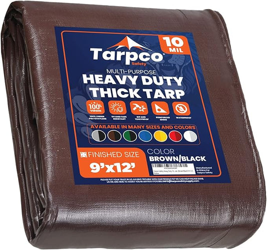 Tarpco Safety Heavy Duty 10 Mil Tarp Cover, Waterproof, UV Resistant, Rip and Tear Proof, Poly Tarpaulin with Reinforced Edges for Camping, Roof, Patio, Pool, Boat. (Brown/Black 9′ X 12′)