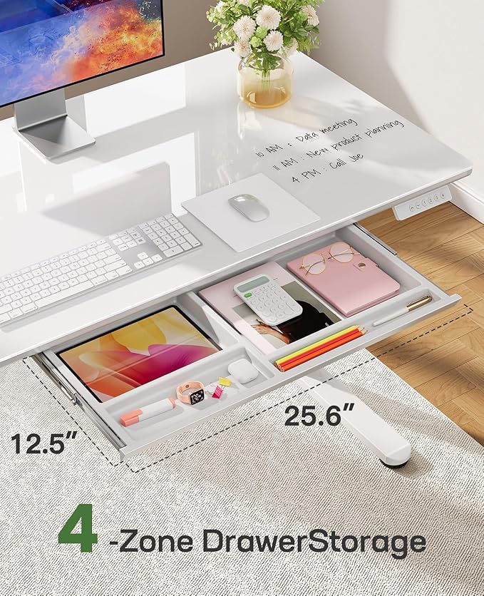 Marsail Glass Electric Standing Desk with Drawer, 37 x 22 Inches Height-Adjustable Desk, One-Piece Tempered Glass Top, Ergonomic Home Office Sit Stand Desk with 4 Preset Heights, White