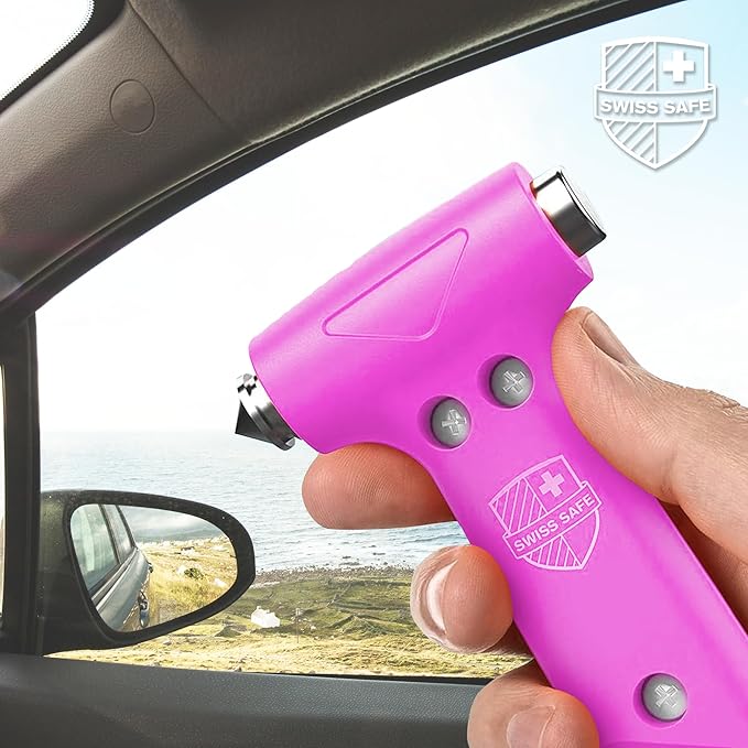 Swiss Safe 5-in-1 Emergency Car Safety Hammer – Car Window Breaker & Seatbelt Cutter, Heavy-Duty Escape Tool for Vehicle Emergencies and Auto Kits – Pink, 2 Pack