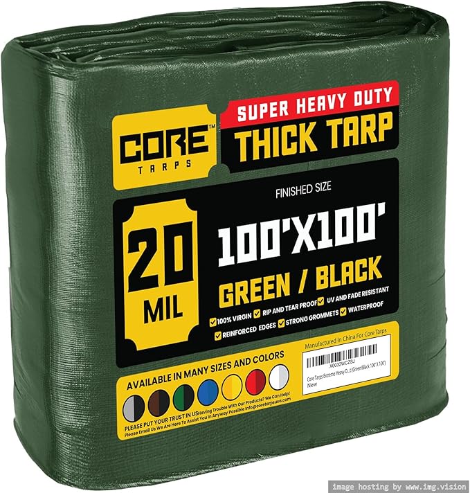 Core Tarps Extreme Heavy Duty 20 Mil Tarp Cover, Waterproof, UV Resistant, Rip and Tear Proof, Poly Tarpaulin with Reinforced Edges for Roof, Camping, Patio, Pool, Boat (Green/Black 100′ X 100′)