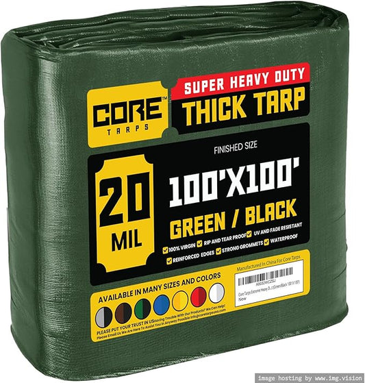 Core Tarps Extreme Heavy Duty 20 Mil Tarp Cover, Waterproof, UV Resistant, Rip and Tear Proof, Poly Tarpaulin with Reinforced Edges for Roof, Camping, Patio, Pool, Boat (Green/Black 100′ X 100′)
