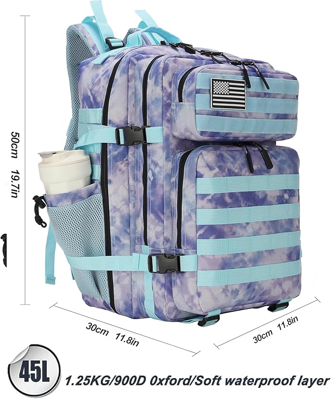 45L Tactical Assault Backpack 3 day assault pack with Molle Waterproof backpack Rucksack for Tactical Backpacks (Blue Tie-Dye)