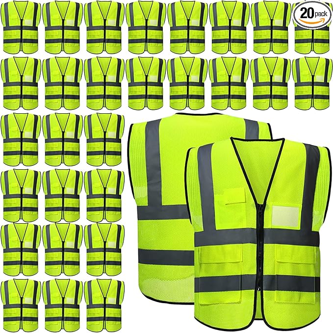 JaGely 20 Pack Reflective Safety Vests with Pockets, High Visibility Mesh Construction Vest for Men Women, Neon Yellow, Size L