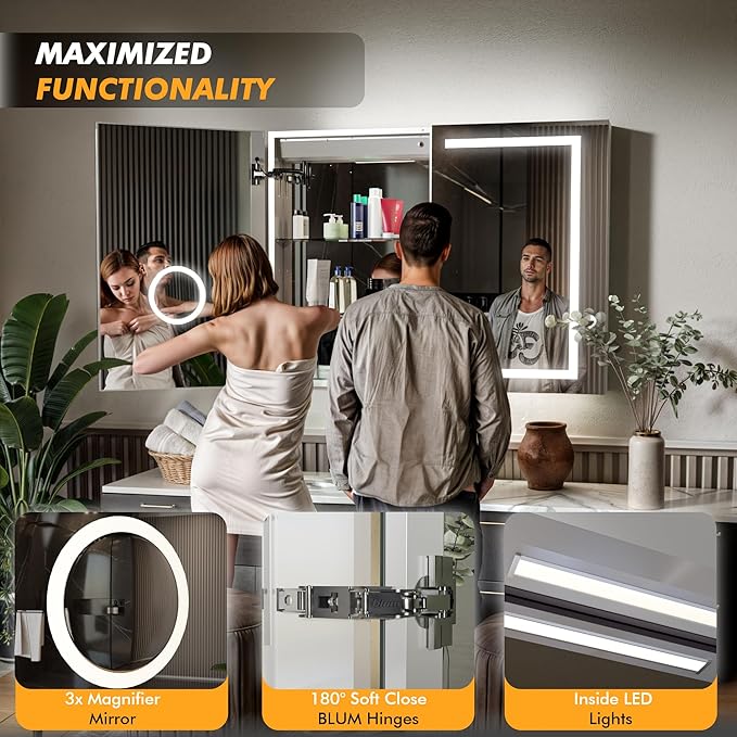 LED Lighted Medicine Cabinet Front & Backlit Dimmable Colours, Clock & Temp, USB Outlets (42 x 32)