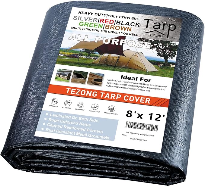 TEZONG Tarps Heavy Duty Waterproof 8x12ft,Black Plastic Tarps Large Multipurpose Outdoor Tarp Cover Thick Poly Tarpaulin 16MIL for Emergency Rain or Sun, Roof, Patio Furniture, Firewood, Canopy